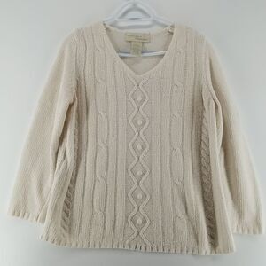 Penmans Sweater Women's Medium White Cable knit Soft V-Neck Long Sleeve Winter